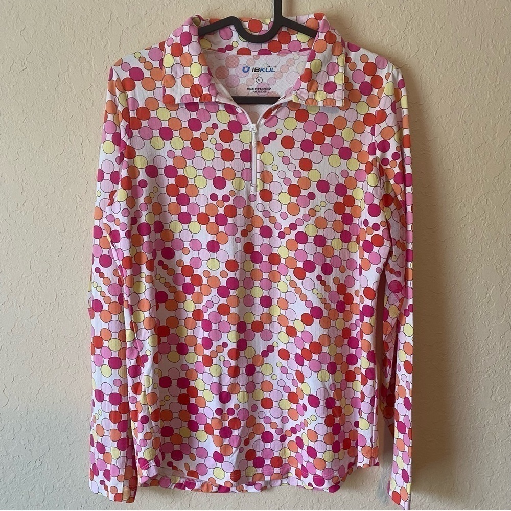 IBKUL | Women's Polka Dot Pink Orange Long Sleeve 3/4 Zip Pullover Size Small